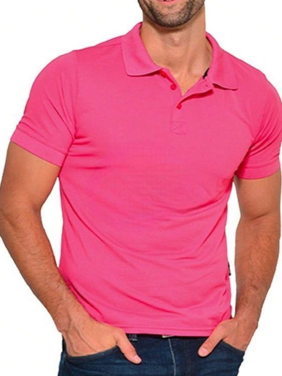 Playera Rosa para Hombre, Tipo Polo, Manga Corta, 2 Botones, Cuello Camisero, Cómoda, Suave, Fresca, Multi Combinable, Semi Formal, Polera Casual para Dama y Caballero Unisex Básica del Armario - Rosa - Ver 1