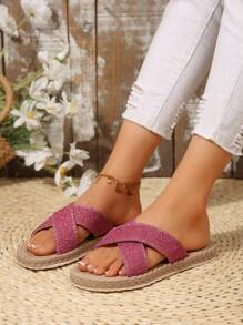 Glitterpantoffels voor dames, zomersandalen met touwzool, strandslippers voor op vakantie, glanzende instappantoffels, zachte, comfortabele binnenschoenen, sandalen die gemakkelijk aan en uit te trekken zijn, sandalen met gekruiste bandjes