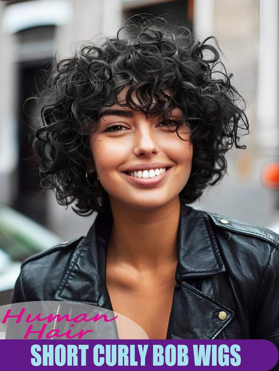 Human Hair Short Curly Wigs Wear And Go Deep Curl Wigs 150% Density Natural Black Color Glueless Non Lace Pixie Cut Loose Deep Wig For Women