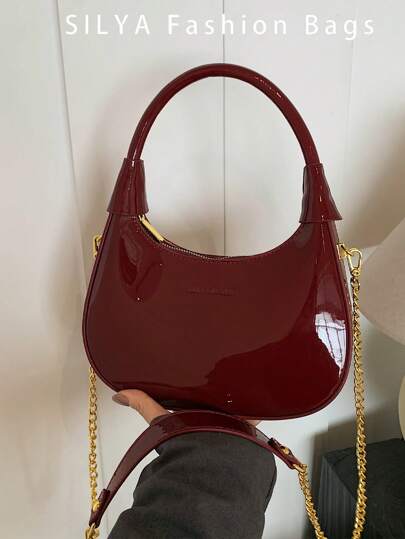 新款法式复古闪亮酒红色漆皮新月包，简约百搭女士手提包/单肩包，PU材质链条设计，约会逛街必备