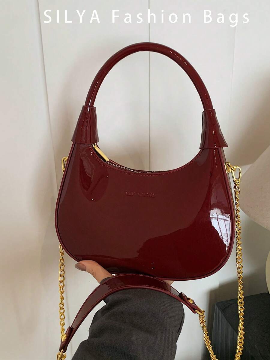 Noua geantă franțuzească retro strălucitoare de culoare roșu de vin din piele lacuită, geantă de mână/geantă de umăr simplă și versatilă pentru femei, design cu lanț din material PU, un must-have pentru întâlniri și cumpărături - Burgundia - Vizualizare 1
