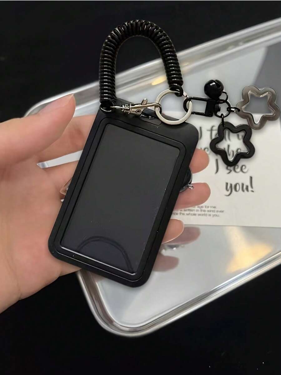 5个装可伸缩证件卡套，带铃铛和星星装饰，多功能卡包，带钥匙扣，适用于公交卡、校园卡、身份证、信用卡，耐用塑料保护套，带滑动盖和挂绳，适用于学生证、餐卡、公共交通卡和地铁卡，硬质卡套，证件套（5种颜色可选）