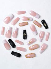 Y2K 24 片长方形按压指甲复古星镜粉法式秋冬经典假指甲带 1 个果冻胶和 1 个锉刀条美甲用品
