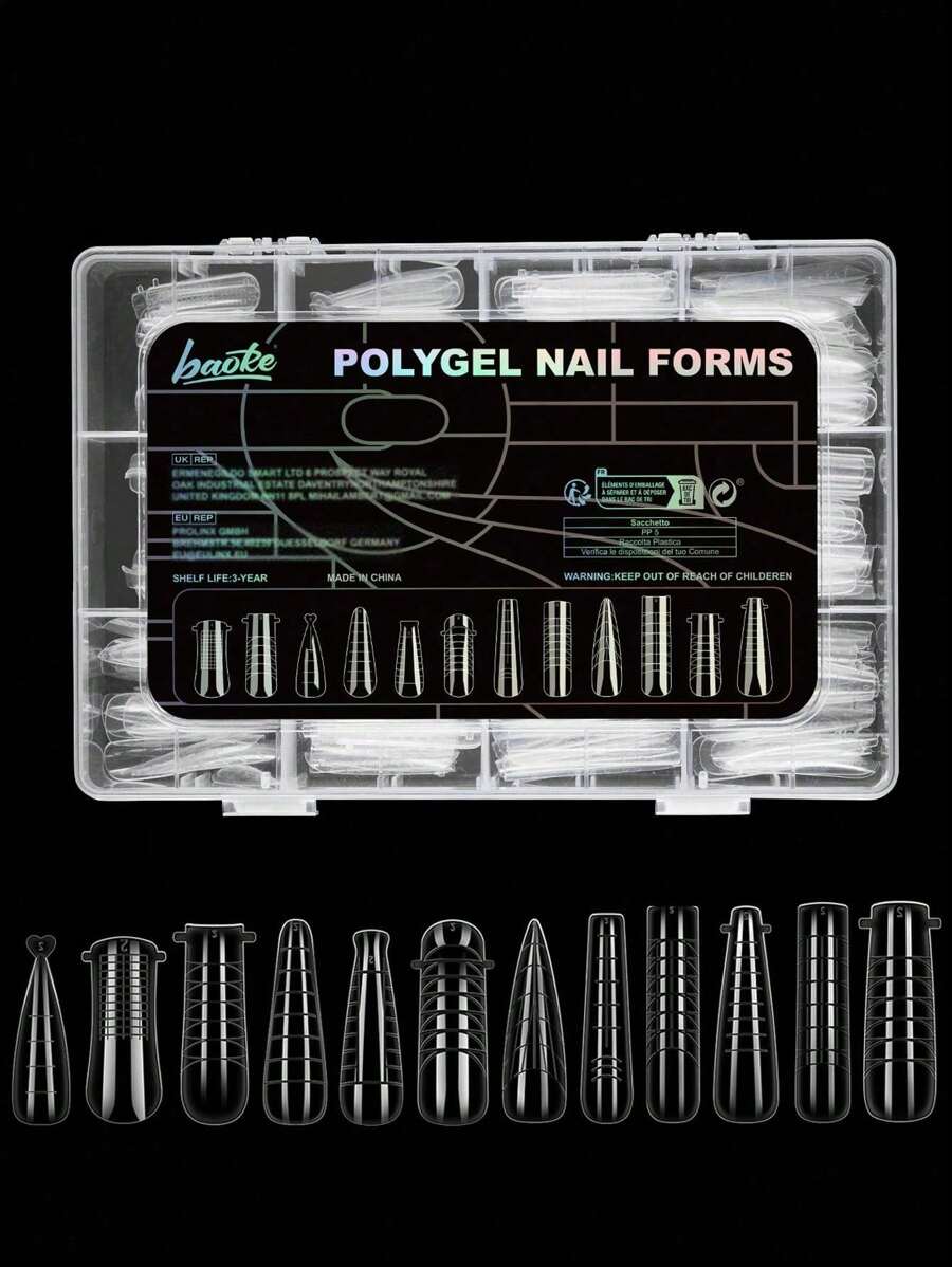宝可 288片/12种不同形状的按压式美甲片，弹簧可重复使用，无纸托盘，延长美甲模具，3D设计假指甲贴片美甲模具套装，盒装夏季按压式美甲片 - 無色 - 查看 1