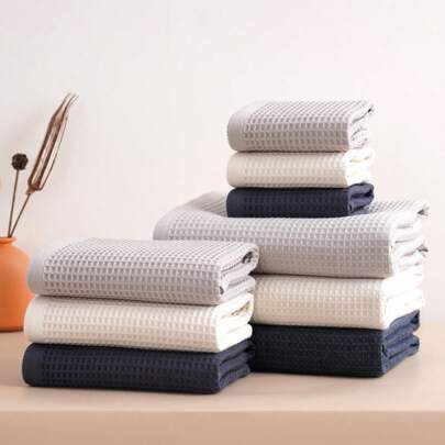 3 套华夫格纹纯色高级浴室毛巾，包括 1 条手巾、1 条成人毛巾和 1 条浴巾。家居浴室装饰，秋季装饰，返校季装饰，美容院、家庭浴室、淋浴毛巾，适用于美容院、酒店、运动、家居用品、毛巾、护肤品。