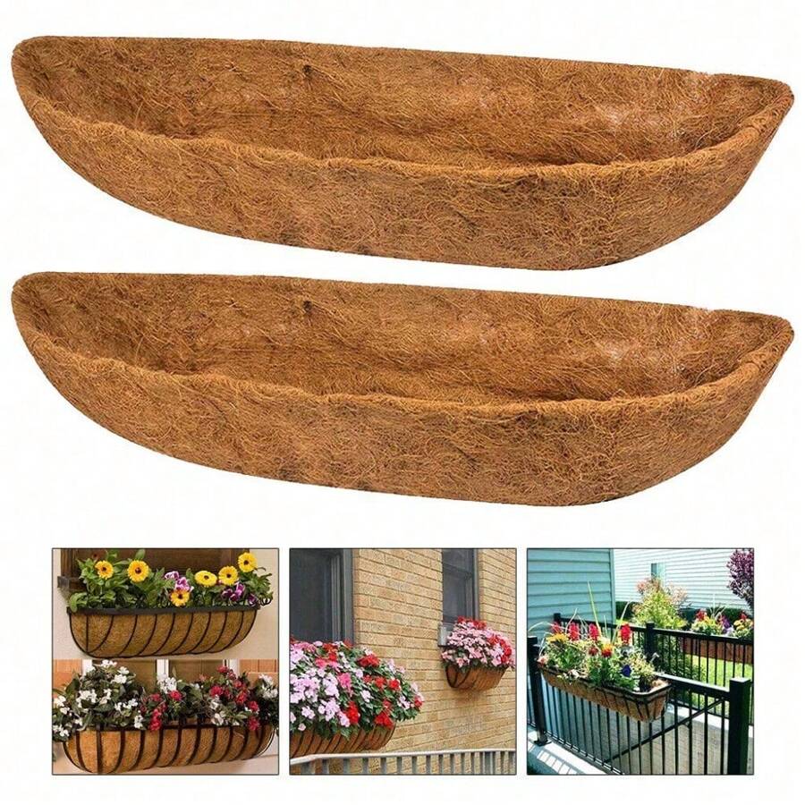 2Pack Trough Coco Liner Fiber Replacement For Planters, 24/30/36/48 Inch Half Moon Coconut Coir Planter For Window Box/Hanging Garden Vegetables Pot, Fence Flower Baskets