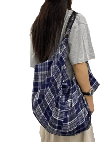 Geantă de umăr cu model carouri albastre, geantă crossbody pentru femei, practică minimalistă ocazională, geantă pliabilă de capacitate mare, țesătură ușoară, moale, multifuncțională, design cu fermoar, potrivită pentru muncă, studiu, călătorii, unisex