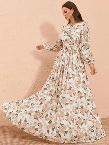 女士随机印花休闲连衣裙，时尚且适合夏季 - 杏色 - 查看 5