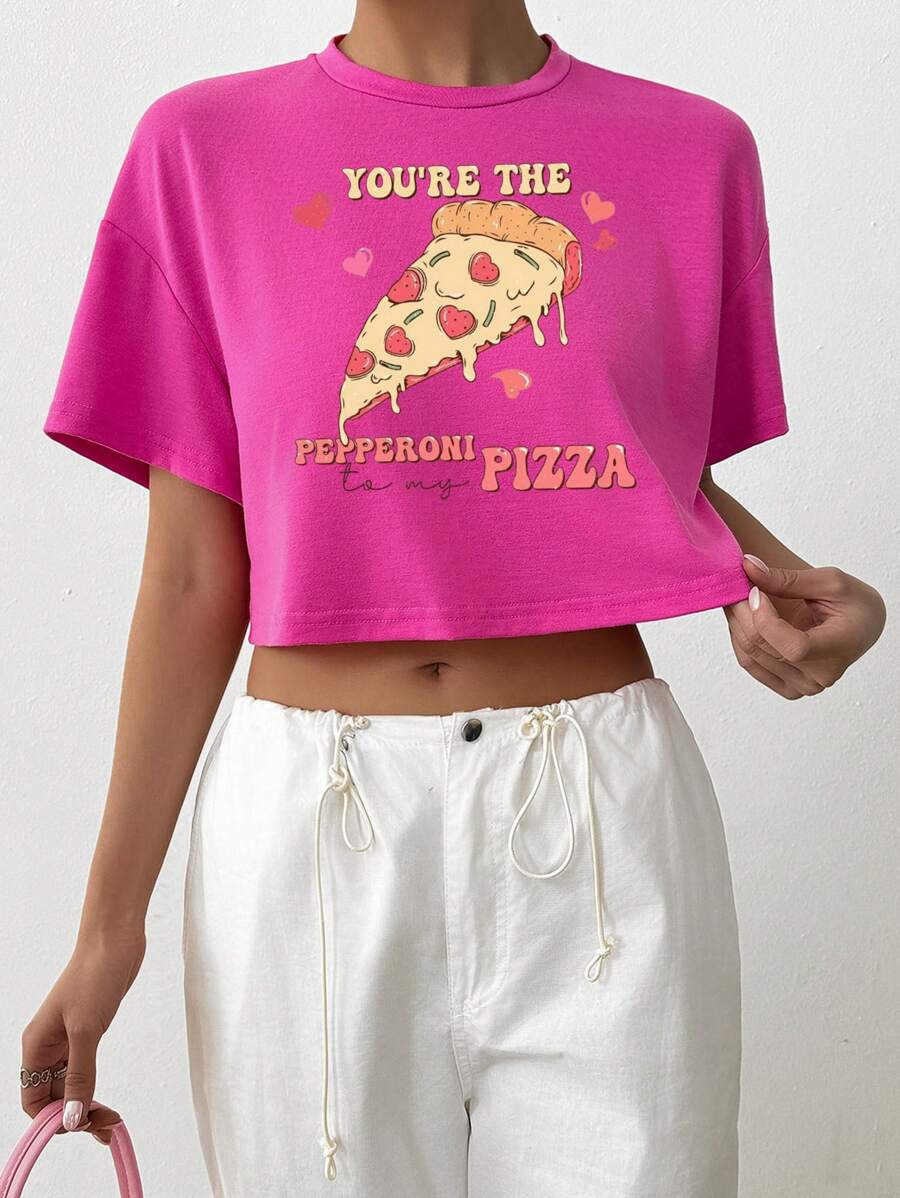 Casual Pizza Graphic Rose Red Round Neck Cropped Short Sleeve Loose Women T-Shirt, Suitable For Summer