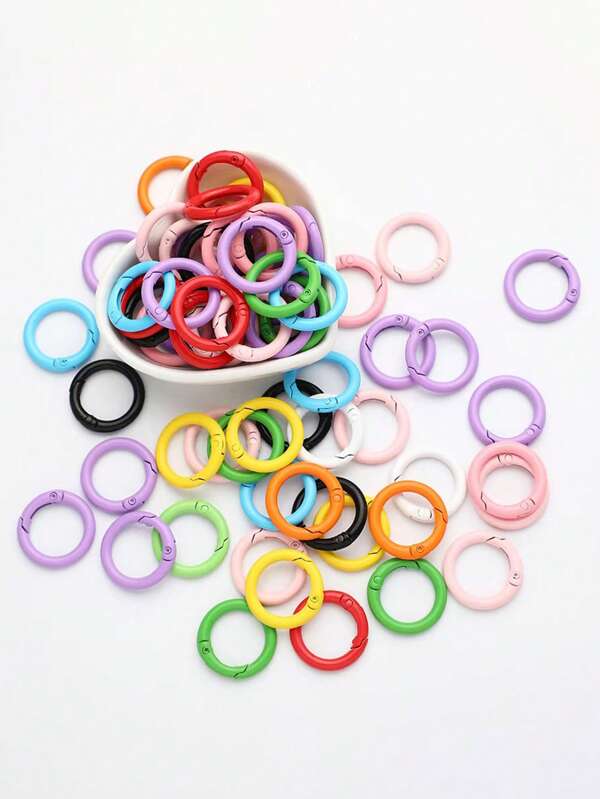 50pcs Zinc Alloy Round Keychain Parts, Openable Circle Metal Rings With Spring, Minimalist Style With Hollow Details, DIY Jewelry Making Accessory