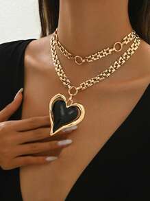 1 pieza Nuevo collar colgante de mujer con efecto metálico, collar gargantilla de moda de gran tamaño exagerado de dos capas con cadena y corazón de color contrastante, elegante y lujoso para uso diario
