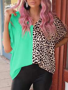Acelitt 夏季女式撞色拼接豹纹休闲宽松衬衫 - 綠色 - 查看 4
