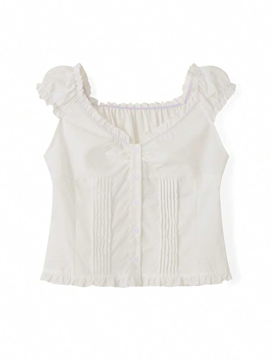 Women Y2k Button Down Shirts Cap Sleeve Ruffle Sweetheart Slim Fit Frill T Shirts Crop Tops Summer Going Out Babydoll Tops 90S Vintage Blouse 2000s - 米色 - 查看 1