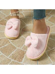 Fashionable New Striped Bow Slip-On Slippers, Comfortable Slip-On Shoes For Spring, Autumn And Winter - Pink - View 6