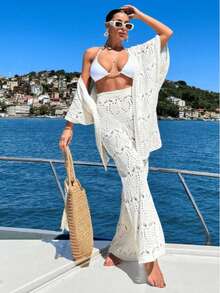 Conjunto de pantalones de punto para vacaciones en la playa con cubrecosturas de manga 3/4 (traje de baño no incluido) - Blanco - Ver 5