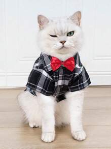 1pc Red Bow Tie & Black White Plaid Pet Shirt Set, Suitable For Indoor/Outdoor Wedding Outfit For Cats & Dogs