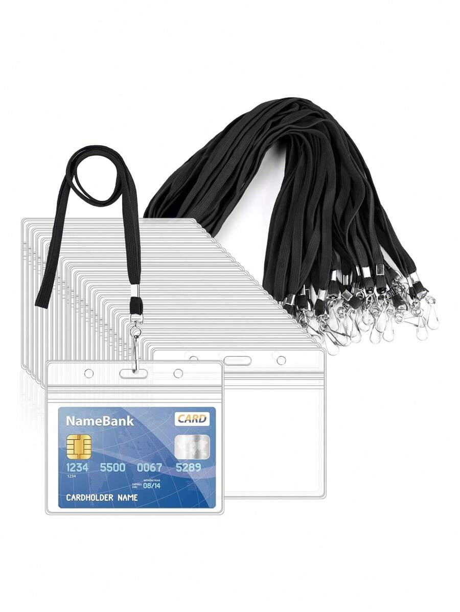 ﻿ 1/10/12pcs Clear Plastic Horizontal Name Tags Badge ID Card Holders And 30Pcs Black Flat Neck Lanyards With Swivel Hook,School Supplies,Back To School