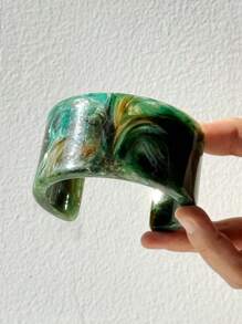 1pc Springtime Fresh Green Gradient Square & Circle Thick Resin Bracelet, Fashionable & Versatile Women's Jewelry, Personalized Gift - Multicolor - View 7