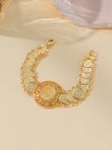 Herseygold 1pc Gold-Plated Copper Arabic Flower Coin Bracelet, Lucky Women's Bangle, Wedding Festival Gift For Ladies