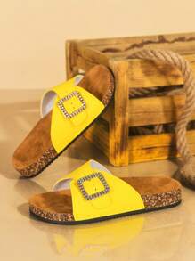Thick Sole Women's Casual Leather Strap Open Toe Sandals, Retro Summer Slippers - Yellow - View 1