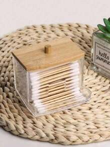 1pc Acrylic Cotton Swab Holder With Bamboo Lid, Transparent Small Cotton Swab Box, Plastic Ear Swab Box, Toothpick Storage Box, Bathroom Countertop Decorative Storage Box, Jewelry Box, Makeup Brush Holder, Makeup Brush Storage Box, Perfume Storage Box, Cosmetic Bag, Great Gift For Women, Christmas Gift - Multicolor - View 4
