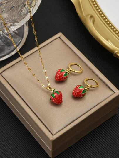 סט 3 יחידות שרשרת ועגילים אדומים תלת מימדיים מפלדת אל-חלד יוקרתיים ועדינים לנשים