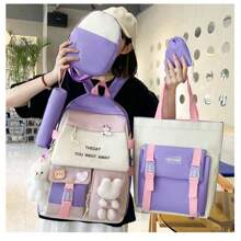 Mochila de cinco piezas tipo coreano para estudiantes de secundaria y preparatoria,moderna mochila con gran capacidad,trae una bolsa grande,una bolsa mediana,un monedero y una lapicera. - Morado - Ver 8