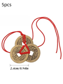 5PCS Chinese Fortune Coins Feng Shui Coins Ornaments, I-Ching Coins Good Luck Coins Traditional New Year Coins With Red String For Wealth And Success,Home Decor ,Room Decor,Wall Decor Gifts Birthday Graduation