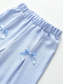 少女夏季休闲平纹针织蝴蝶结背心和裤子两件套 - 藍色 - 查看 8