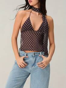 Womens Halter Neck Tops Sleeveless Tie Backless Dots Print Slim Fit Cami Tops Summer Shirts - Màu nâu - Xem 4