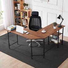 60" L Shaped Computer Desk With 2 Storage Shelf Sturdy Home Office Corner Desk