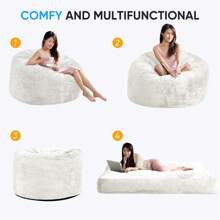 Full/Queen Size Plush Bean Bag Chairs For Adults, 2 In 1 Bean Bag Chairs, Convertible Bean Bag With Filler For Gaming Large Foam, Bean Bags With Washable Soft Velvet Cover For Living Room - 白色 - 查看 8