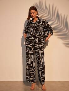 Two Pieces Set Print Vacation Black Shirt & Pants