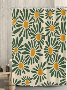 1pc Floral Printed Polyester Fabric Bathroom Waterproof Shower Curtain With 12 Hooks, Home Decor Home Bathroom Decor Fall Decor Bathroom Accessories Back To School