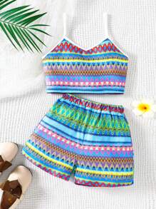 Conjunto de 2 piezas informal de verano para niña de 8 a 12 años, top de tirantes con onda y pantalones cortos de playa, adecuado para vacaciones casuales