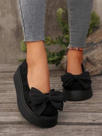 Zapatos de plataforma con punta redonda, decoración de lazo negro, cómodos y de fácil puesta, diseño minimalista con sensación de alta gama, calzado tipo Mary Jane para mujer, ideal para primavera/verano