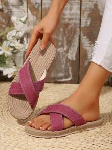 Glitterpantoffels voor dames, zomersandalen met touwzool, strandslippers voor op vakantie, glanzende instappantoffels, zachte, comfortabele binnenschoenen, sandalen die gemakkelijk aan en uit te trekken zijn, sandalen met gekruiste bandjes