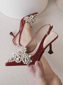 Women's Pointed Toe Pearl Decor High Heel Pump Shoes