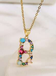 Women's Gold-Plated Stainless Steel Necklace, Colorful Copper Pendant, Luxury Jewelry, Designer Gift, 26 Letters