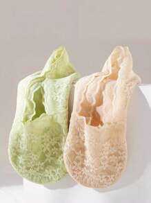 1/5 双女士船袜夏季拖鞋防滑透气蕾丝花边隐形袜防滑凉爽薄款袜子时尚袜子 - 彩色 - 查看 3