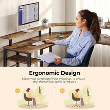 Muebles Escritorios Metalico Oficina Con Enchufe Y Gancho,Computer Corner Desk with Monitor Shelf for Home Office Study Writing Workstation,Corner Gaming Computer Desk with Led Lights, Monitor Shelf and Printer Storage Shelves - Marrón - Ver 5