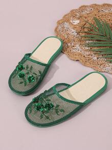 2024 New Handmade Pearl Decorated Indoor Outdoor Slip-On Slippers - Dark Green - View 8