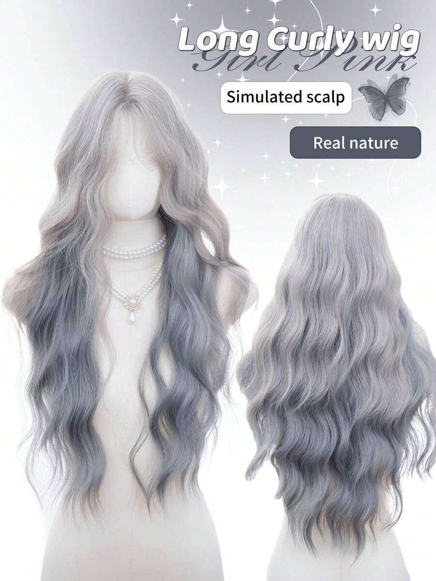 Anterior Forehead-Shaped Lace 5*1,Anterior Forehead Lace Long Wavy Wigs Hair, Center Split Wig, Gradient Grayish-Blue 28 Inch Semi Woven Daily Natural, Smooth And Realistic Wig(Excluding Accessories)