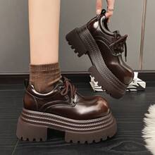 Comfortable Cute Loafers Vintage Round Toe Thick Sole Burnished Finish Brown Leather Shoes