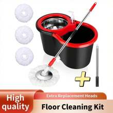 Zestaw mopa obrotowego ze stali nierdzewnej do czyszczenia podłóg 360° i wiadra, wiadro do mopa łazienkowego wyposażone w 3 ultracienkie wymienne końcówki mopa z mikrofibry i 61-calową regulowaną rączkę, nadaje się do czyszczenia podłóg i łodzi.