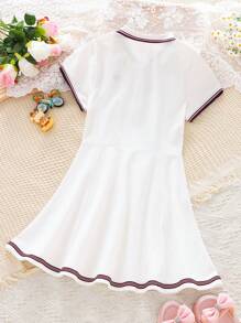 Vestido Casual e Chique com Bordado, Gola Polo e Manga Curta para Meninas, Vestido Uniforme Elegante de Linha A, Estilo Escolar, para Crianças Pequenas a Adolescentes