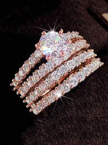 2 件/套双层奢华镂空镶嵌方晶锆石戒指，浪漫结婚戒指，新娘礼物，时尚珠宝礼物，适合女性