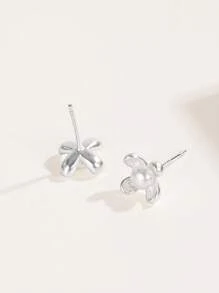 1 对 925 银仿珍珠花耳钉，适合女性日常佩戴 - 銀色 - 查看 3