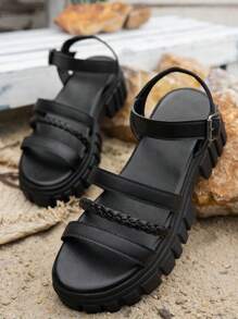 Women's Simple Fashion Strap Woven Sandals, Goddess-Style Wedge Thick Bottom Casual Slip-On Shoes Suitable For Outdoor Walking, Beach, Plus Size