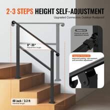 Outdoor Stair Railing/Handrails, Fit 1-5 Steps Wrought Iron Handrail/Stair Hand Rail & Indoor Railing Kit, Adjustable Front Porch Hand Railings, Black Transitional Hand Rail For Concrete Steps Or Wooden Stairs With Installation Kit - Product Dimensions: 40 X 3.3 X 35.6 In ,Black - View 3